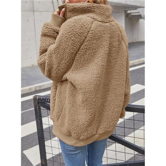 Womens Fleece Sherpa Jacket Khaki - Picture 3 of 6